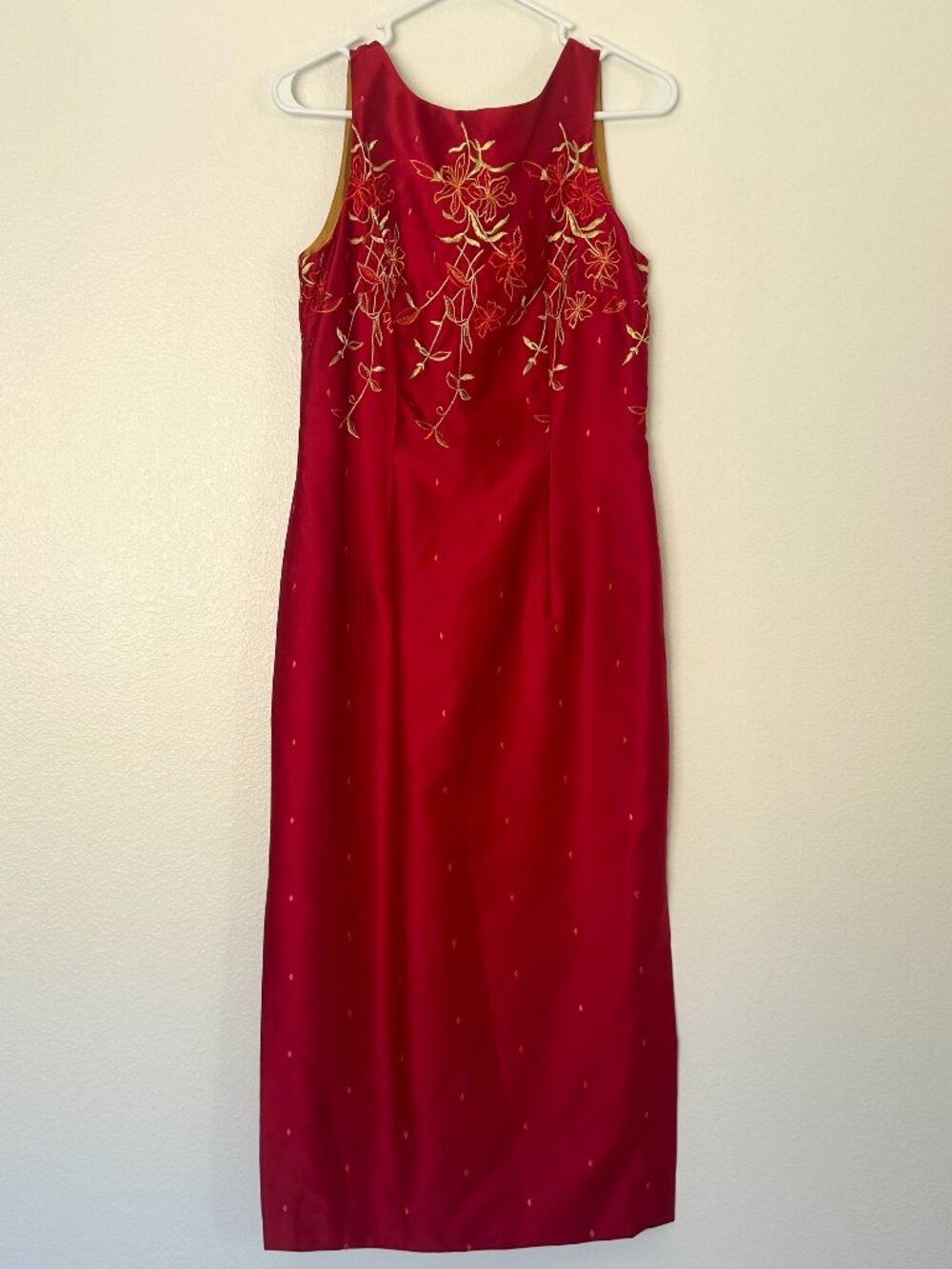 VTG YL By Yair Red Silk Column Maxi Dress 8 Gold Floral Embroidered